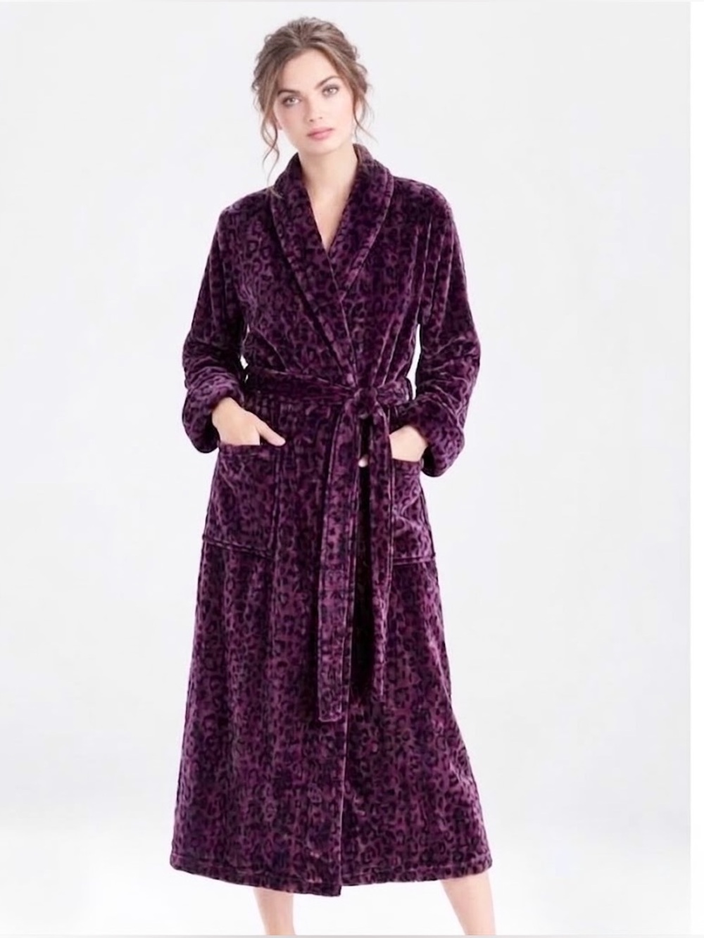 NATORI Private Luxuries Leopard Print Ultra Soft Long Robe Burgundy Wine Size M